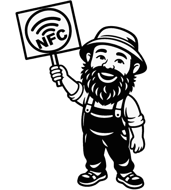 Maskottchen von BauerLangeArt mit NFC-Schild